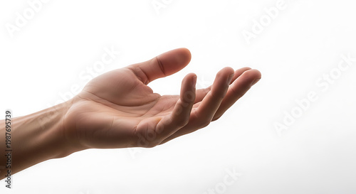 A human hand is open palm up in a gesture of offering on transparent background