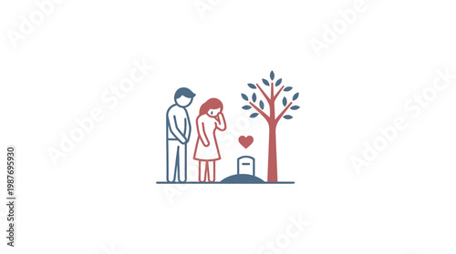 Couple Mourning at a Grave with a Memorial Tree