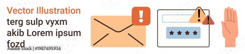 Cybersecurity, phishing prevention, authentication, data privacy, internet safety, digital alerts. Visual elements include envelope, alert icon login form and warning hand. Cybersecurity