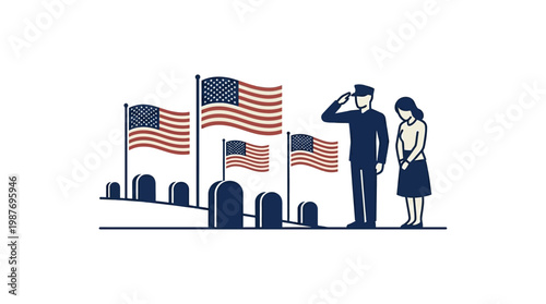 Memorial Day Rememberance with Flags and Gravestones