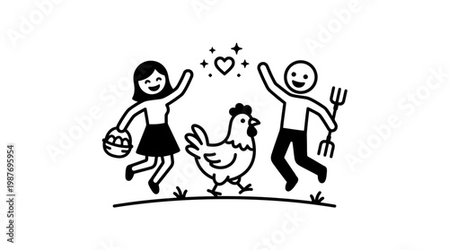 Happy Farmers Celebrating with a Chicken