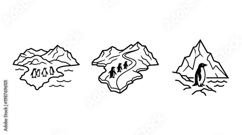 Set of Penguin and Mountain Icons in Black Outline