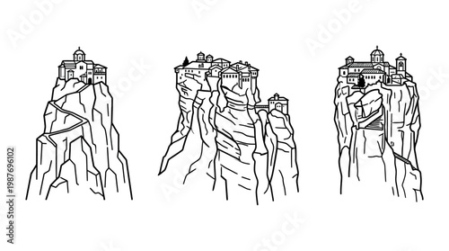 Line Art of Three Monasteries on Rock Formations