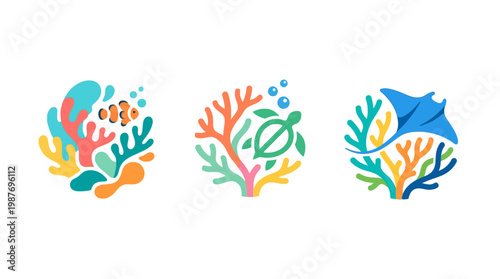 Set of Colorful Underwater Logos with Marine Life