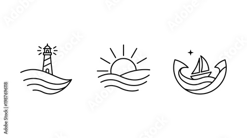 Minimalist Maritime Icons Set Lighthouse Sun and Sailboat