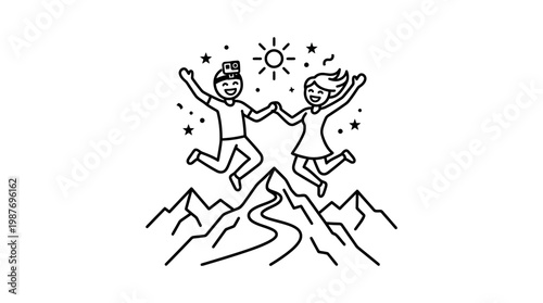 Joyful Couple Jumping on Mountain Peak