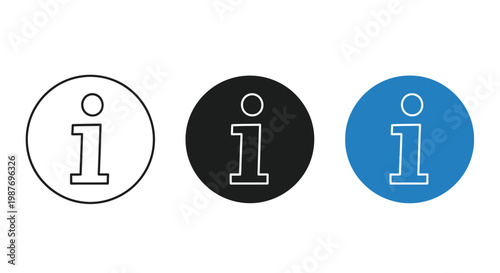 Minimalist vector graphic illustration featuring three different styles of the universal information icon presented in a clean row for use in digital user interface designs