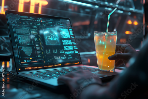 Working and analyzing live global data streams on laptop with Iced tea refreshing summer drink. Online business communication concept