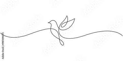 Flying Bird in Continuous One Line Drawing Style, Minimalist Dove or Pigeon Vector Illustration, Symbol of Peace, Freedom, and Nature Silhouette