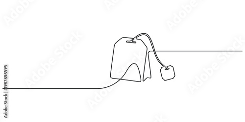 Continuous one line drawing of tea bag minimalist herbal drink and breakfast concept vector Single line art of a tea bag with label, minimalist icon for café, restaurant, and hot beverage logo