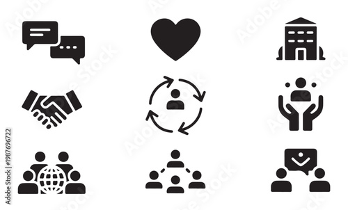 Assortment of vector icons for communication community relationships and global networking concepts.