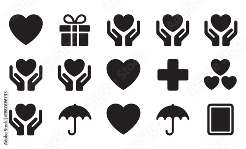 Insurance and protection symbols featuring hearts hands umbrellas and medical cross icons set.