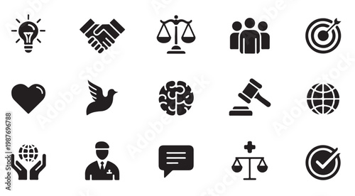 Set of diverse icons for business science justice and communication themes.