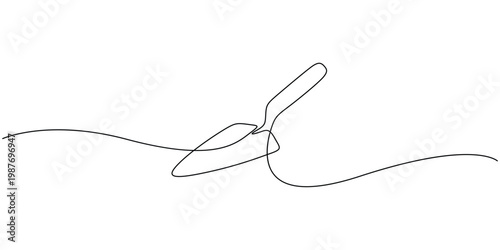 Continuous one line drawing of a brick trowel masonry tool icon Minimalist single line art of a garden trowel for planting and landscaping 
