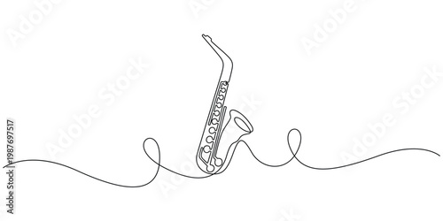 Continuous line drawing of a saxophone for jazz music and entertainment Minimalist one line art of a brass saxophone instrument silhouette Single path line illustration of a sax for live performance 