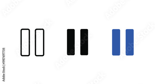 Simple pause button vector graphic illustration showcasing three variations of the media control icon in different styles for user interface design and modern digital web applications