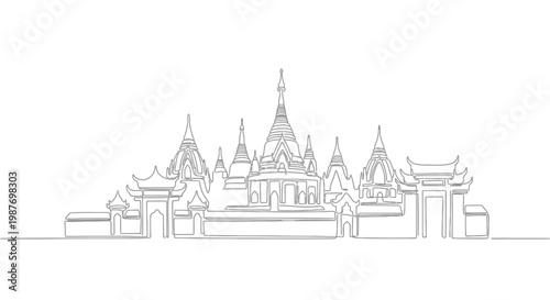 Minimalist Buddhist Temple Skyline Drawing, Asian Architecture Outline, White Background