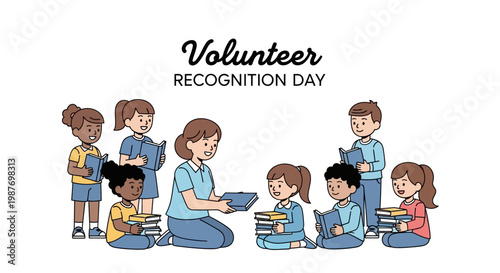 Volunteer Recognition Day is celebrated in this vector illustration showing a volunteer giving books to a group of cheerful children against a clean white background, highlighting community