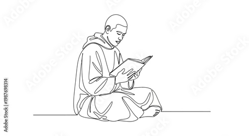 Monk Reading Book Sitting Cross-legged Line Drawing