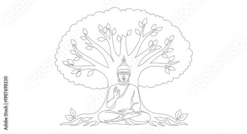 Meditating Buddha under Bodhi Tree Outline Drawing - Enlightenment, Serenity, Spirituality