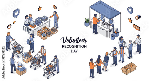 Isometric vector illustrations depict Volunteer Recognition Day, showcasing volunteers actively participating in community service, with scenes of donation sorting and distribution