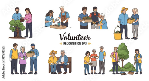 Volunteer Recognition Day illustrations show diverse people participating in community service, planting trees, delivering food, and helping seniors in a vector-style composition