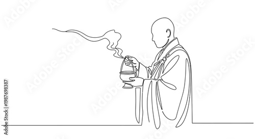 Buddhist monk in traditional robe holds incense burner with smoke, one line art drawing