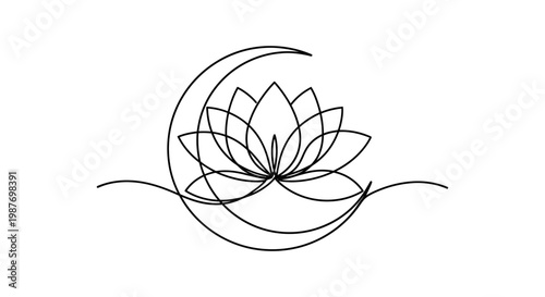 Quadro su tela Minimalist continuous line drawing of a lotus flower within a crescent moon