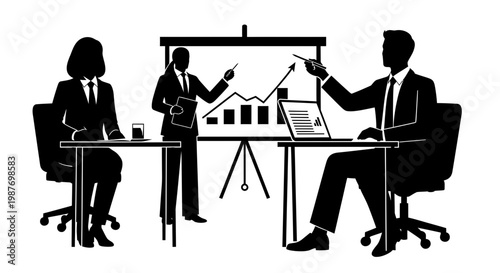 Business Team Presentation and Growth Strategy Vector Silhouette