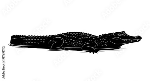 Black Alligator Silhouette Vector Illustration on White Background