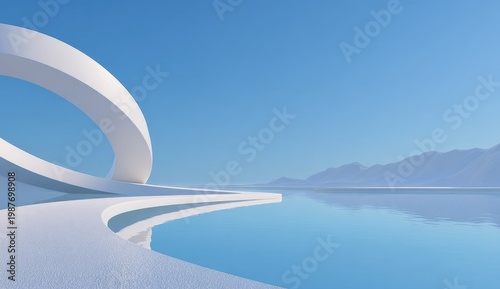 Clean futuristic white architecture on reflective water under clear blue sky