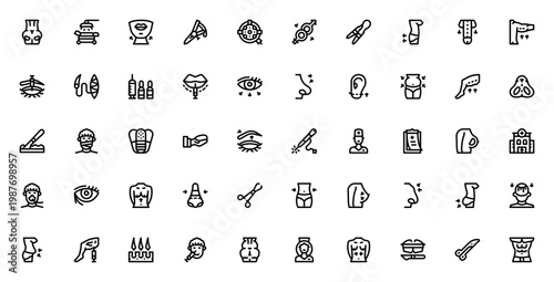 Plastic Surgery icon set. Medical vector illustrations. Includes symbols for rhinoplasty, breast, botox, liposuction, surgery tools and more. Editable stroke.