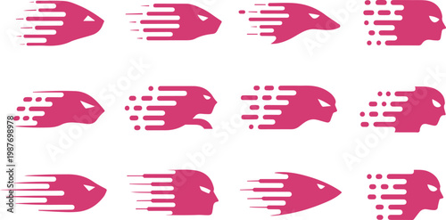 Set of stylized animated rocket ship icons with dynamic particle effects and speech bubble variations isolated on transparent background