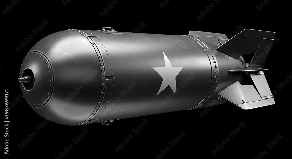 Fototapeta premium A silver cylindrical aerial bomb with a white star and stabilizing fins against a black background