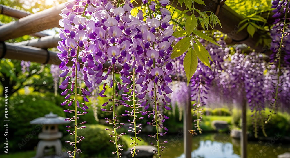 Obraz premium Cascading wisteria blooms hang beautifully from a trellis on transparent background