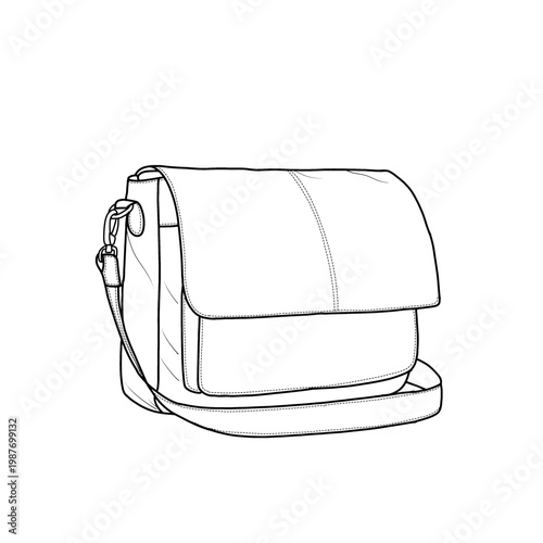 Messenger bag line art with adjustable strap. Outline vector doodle illustration isolated on a white background