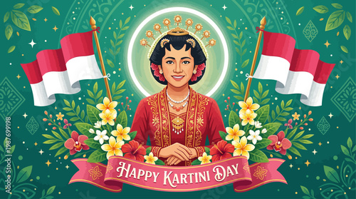 Vibrant illustration celebrating Kartini Day with portrait of R.A. Kartini, Indonesian flags, and lush floral decorations on a green patterned background.