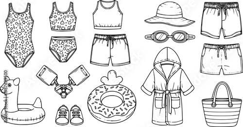 Collection of children's swimwear and beach accessories, including swimsuits, shorts, hat, goggles, armbands, swim shoes, towel robe, float, and beach bag
