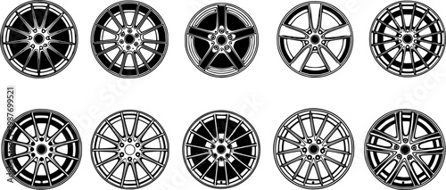 Collection of ten different car wheel designs, illustrated in a black and white vector graphic style.
