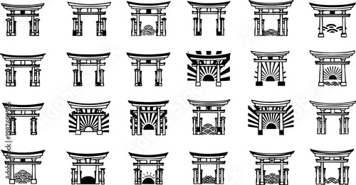 Collection of stylized black and white Japanese Torii gate icons representing traditional Japanese architecture and culture.
