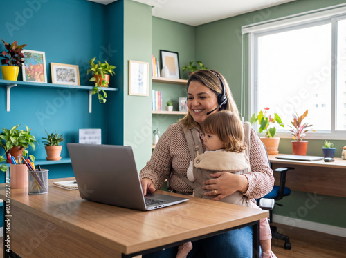 Mother with baby working from home office