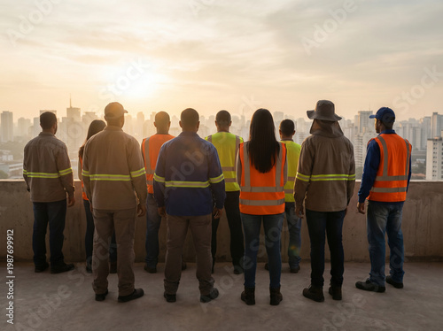 Team of Construction Workers Facing City Skyline