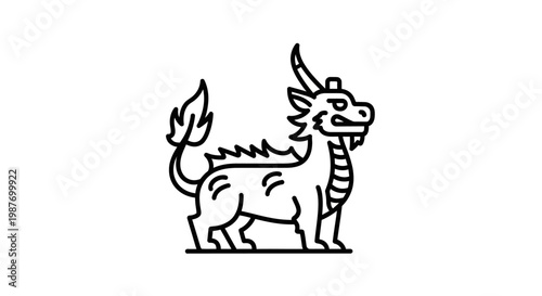 Detailed line art illustration of a mythical fantasy creature with a horn, scales, and a flowing tail, traditional Asian legend icon.