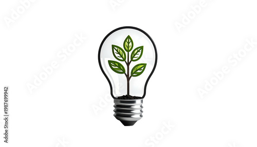 A vibrant plant grows inside a clear lightbulb on a white background