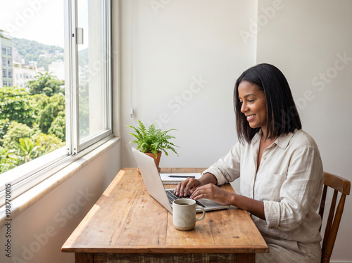 Woman working From Home Laptop with Coffee