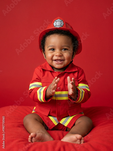 Adorable baby dressed as firefighter on red background