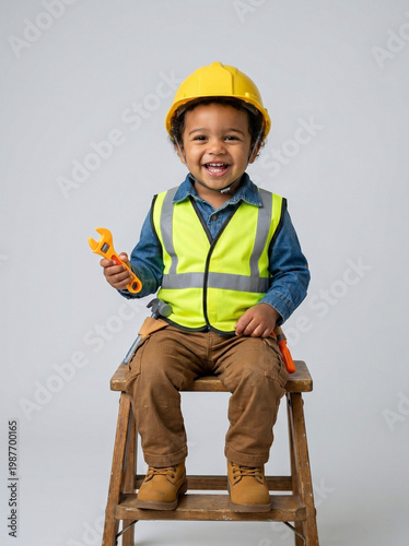 Smiling boy dressed as construction worker sitting