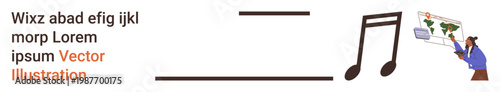 Education, global communication, music learning, presentations, multilingual content, cultural diversity. Musical notes beside a professional presenting a world map. Education and global
