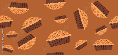 A warm and cozy seamless pattern featuring hand-drawn cartoon pies with lattice crusts in brown baking tins. Scattered on a dark brown background, this autumn-themed illustration is perfect for bakery