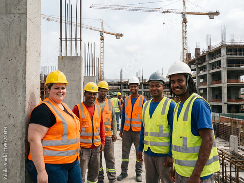 Construction Workers Wearing Safety Gear on Building Site
